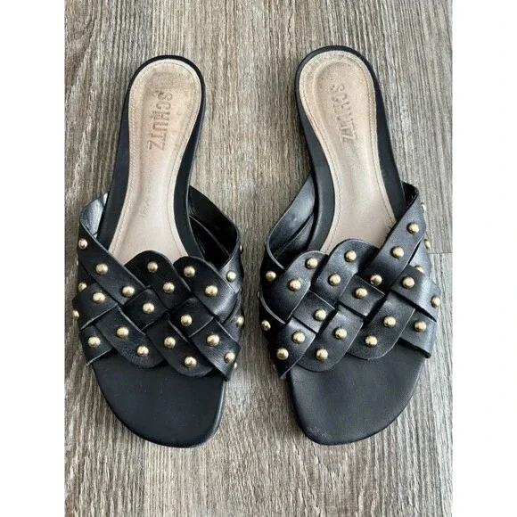 Schutz Womens Betisa Black Open-Toe Studded Slip-On Slide Sandals Size 8.5B - Picture 3 of 7